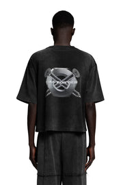 "SCREWED & NUTS" T-Shirt Cropped Oversized in Acid-Washed Black