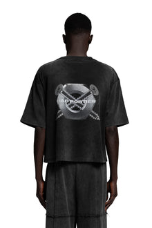 "SCREWED & NUTS" T-Shirt Cropped Oversized in Acid-Washed Black