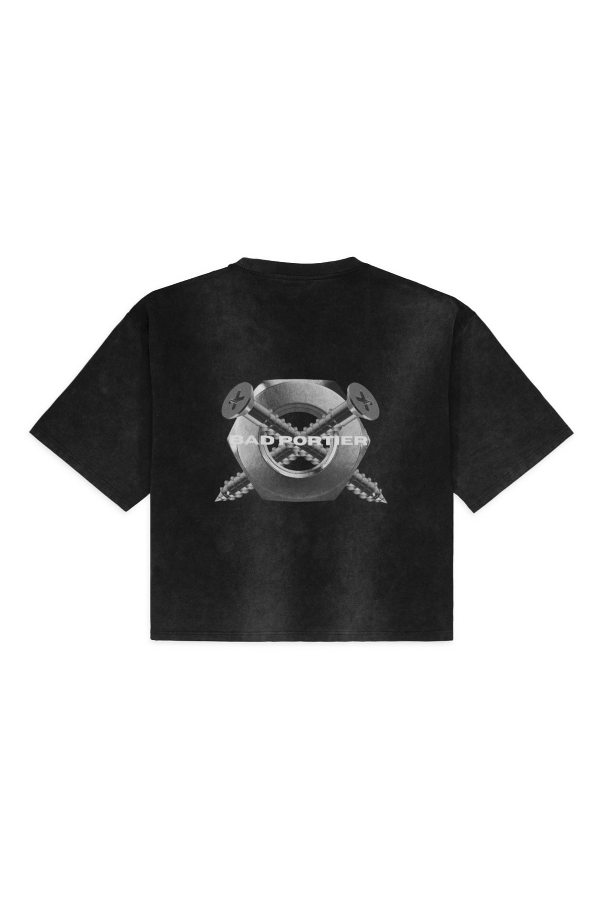 "SCREWED & NUTS" T-Shirt Cropped Oversized in Acid-Washed Black