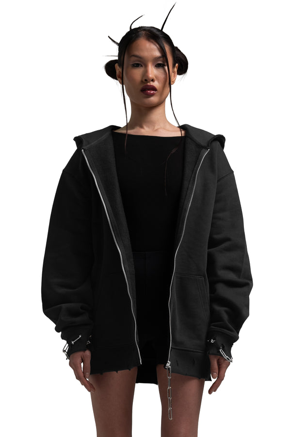 "CLFV" Zip Hoodie Distressed Heavyweight in Black