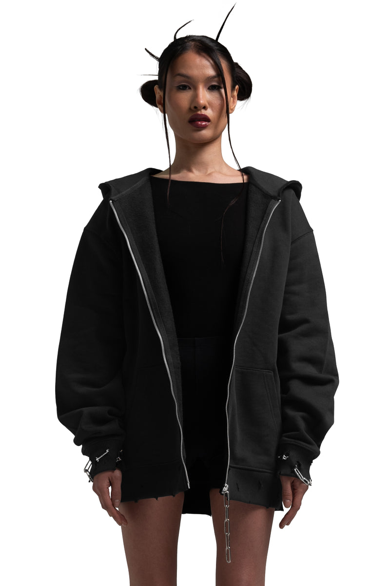 "CLFV" Zip Hoodie Distressed Heavyweight in Schwarz