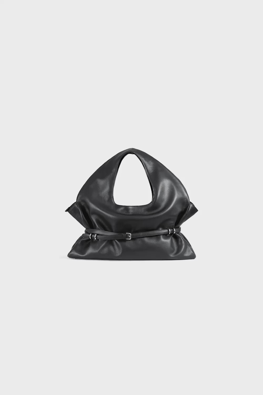 BAD PORTIER "STUNT" Belted Bag XXL aus schwarzem Rindsleder mit Lederriemen und Metallringen in Front- und Detailansicht