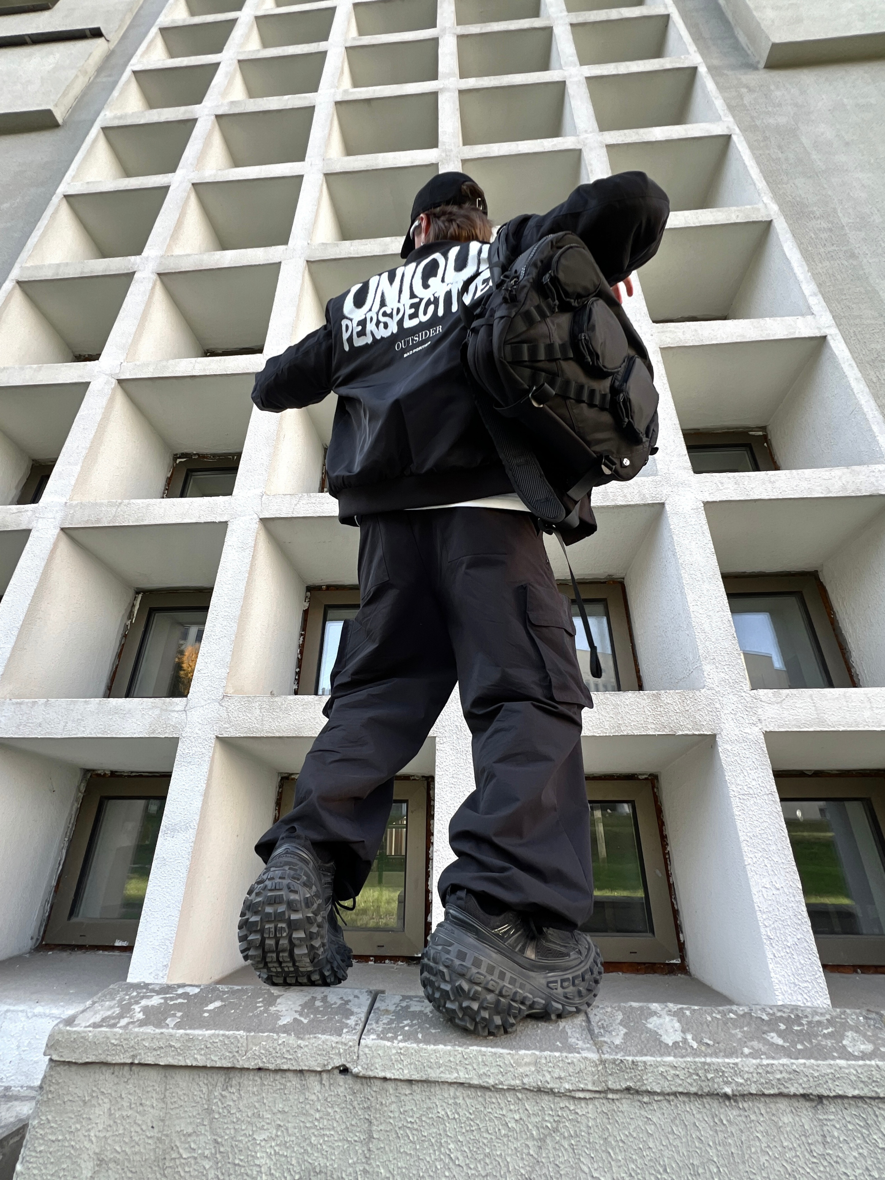 Copy of dimakhalyukov__Bad_Portier_Jacket_UNIQUE_PERSPECTIVES_VEGAN_BOMBER_BLACK_BOLD_LOGO_VELOURS_CAP_BLACK_élémentaire_Streetwear_Collection_2024_5
