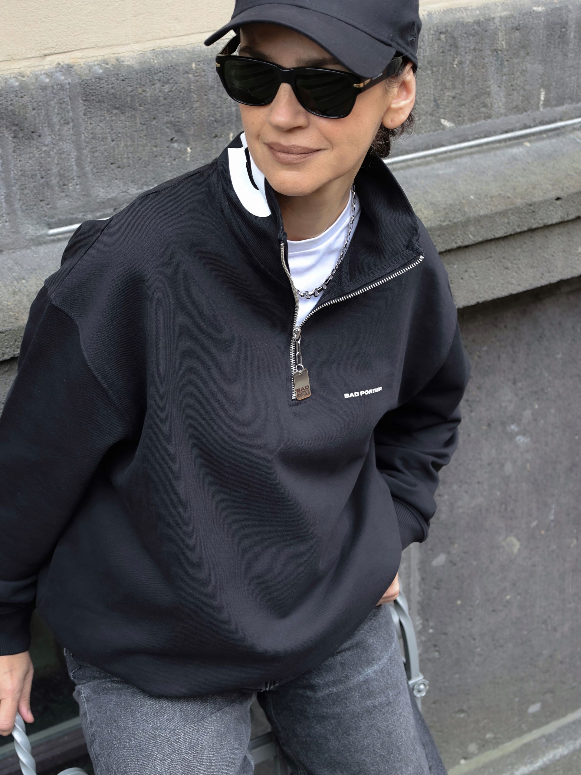 evangelie_tz wearing  the BAD Crewneck Sweater Black