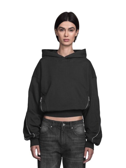 Incisio Zipper Hoodie by BAD PORTIER, OPERATION AW25. Croppped Front View of Model Vitoria Mota